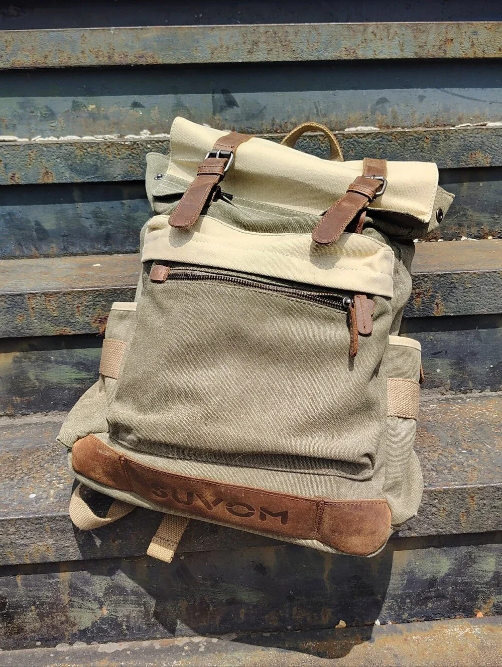 SUVOM Men’s Vintage Style Leather Backpack Tan Canvas Bookbag Laptop Bag